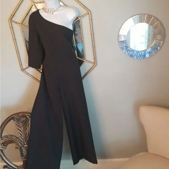 NY & Co Sexy Sleek Wide Leg 1 Shoulder Belted Jumpsuit Black NWT Sz.M $80 retail - Picture 3 of 12